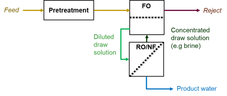 FO flowsheet example: (a) closed loop, with DS recovery by RO or NF