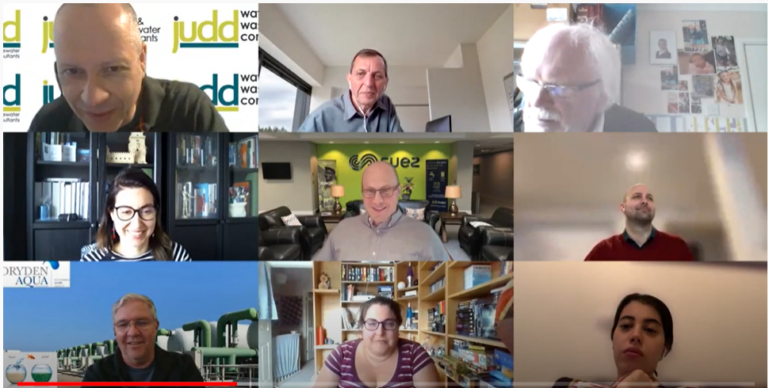 Screenshot of our event on membranes and micropollutants showing a Zoom meeting with headshots of nine of the participants.