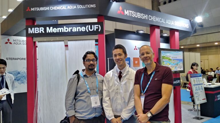 Mitsubishi Chemical Aqua Solutions – Faisal Hai from the University of Wollongong, Australia with Kyohei Ozaki of Mitsubishi Chemical Aqua Solutions, and Simon Judd at the MCAS stand
