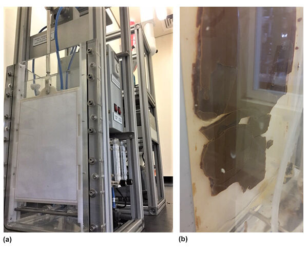 Figure 1 (a) The single-channel bench-scale plant. (b) A clogged membrane channel | Blog June 17 Mbr Sludge Fouling Or Clogging Fig1Ab