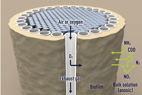 The ZeeLung MABR cord and filaments, with the passage of oxygen and air illustrated