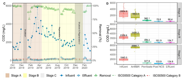 COD profiles over the three testing stages, including periods of dormancy; boxplots of COD (D) at the different treatment stages