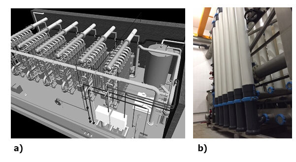 a) design of the Airlift WWTP with six skids; b) installed 33V modules