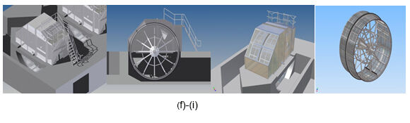 Drum screens: Top: (a) Single-entry drum; (b) Double-entry drum; (c) Pumped-flow duet; (d) Gravity-flow duet (e) Gravity-flow duet. Bottom: (f)−(i) Double-entry drum screens