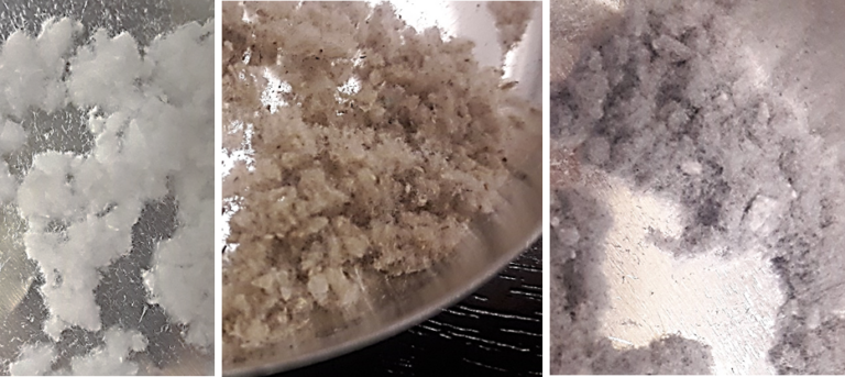 Textile fibres used in this study: (a) cotton wool, (b) MBR sample, and (c) lint