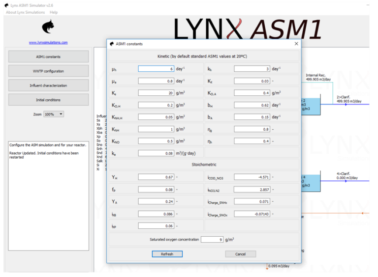 ASM1 constants window. Manipulable kinetics and stoichiometric values