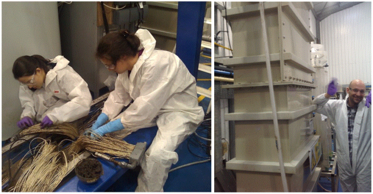 The clogging studies at Cranfield: (a) Manual extraction of sludge solids from fibre bundles (by Drs Sara Gabarrón and Pompilia Buzatu), (b) Membrane tank, which contained the membrane module fitted with a load cell for direct weighing (with a much happier Dr Tamas Zsirai)