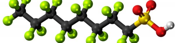 Ball-and-stick model of PFAS molecule, CAD-generated