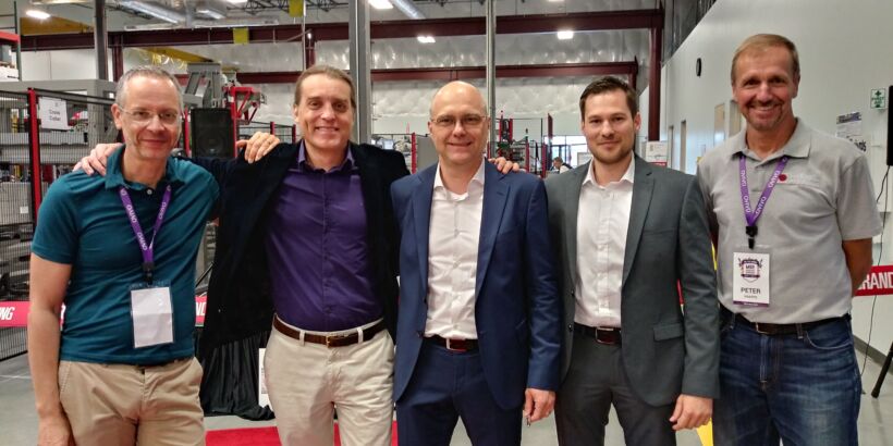 Fig 3: Attending the grand opening - from left to right: Professor Simon Judd, Dennis Livingston (Ovivo) and Walter Lamparter, Julian Klein and Peter Knappe (MICRODYN-NADIR). | News May 18 Microdyn Opens Plant Fig 3