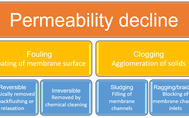 Graphic to illustrate 'Permeability decline in MBRs − fouling and clogging'. Fouling is split into Reversible and Irreversible fouling. Clogging is split into Sludging and Ragging/braiding.