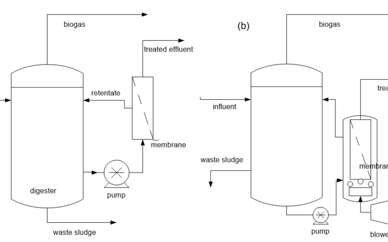 AnMBR configurations, including (a) Sidestream membrane bioreactor (AnsMBR), and (b) Immersed membrane bioreactor (AniMBR)